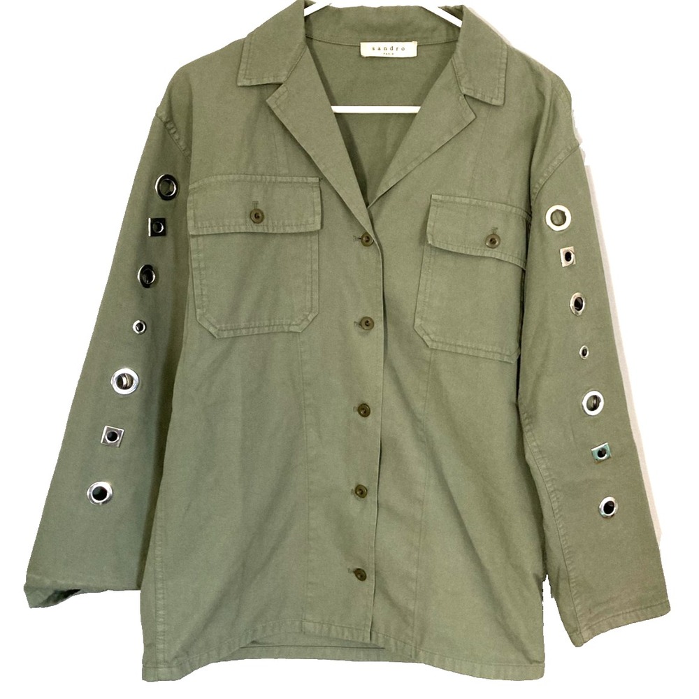 Sandro Jacket Womens 36 Green Grommet Sleeve Utility Shirt Shacket Cotton Linen